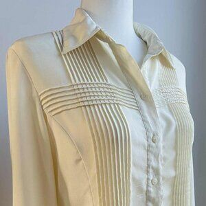 Vintage Simon Chang Cream Pintuck Lattice Button-Front Blouse Long Sleeve – US 6